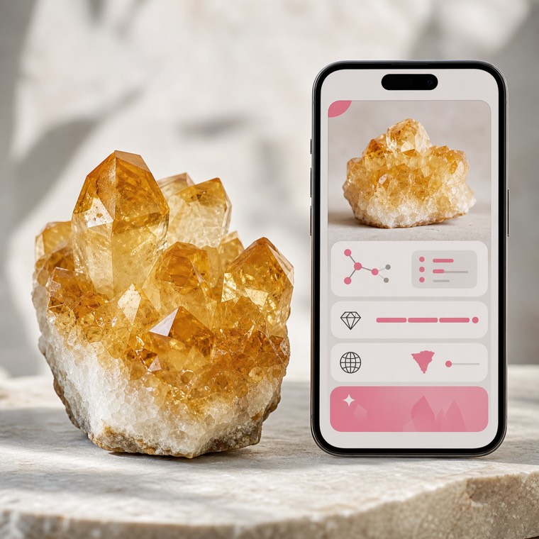 A citrine crystal cluster beside a phone showing its identification details