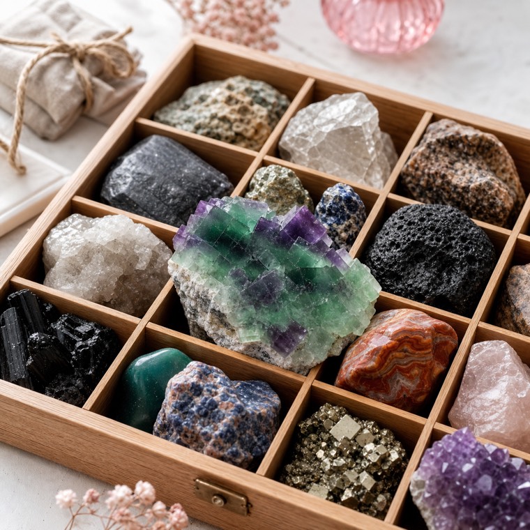 A wooden display tray filled with labelled rocks, minerals and crystals