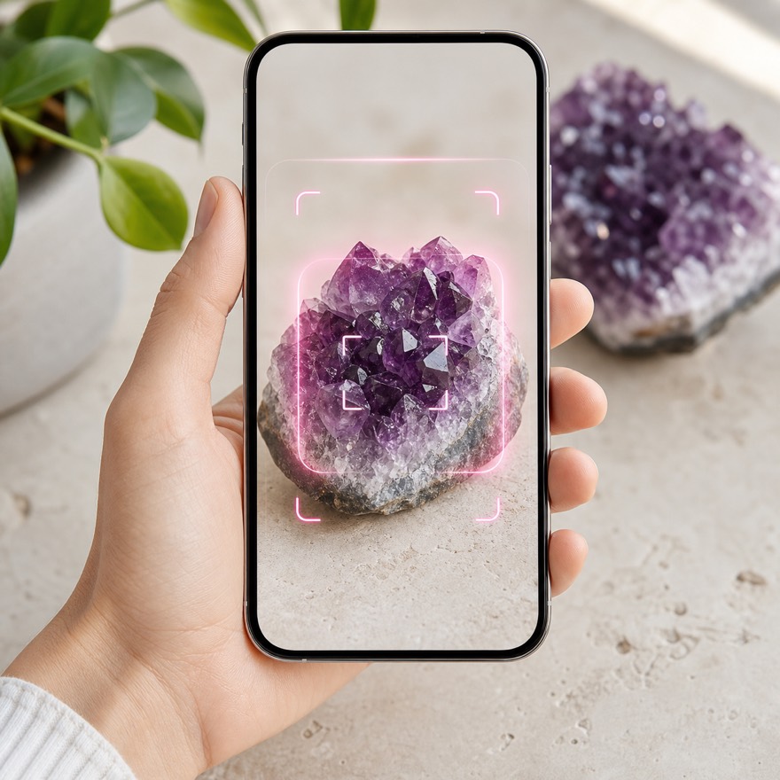 A hand holding a phone using Rock Identifier to scan an amethyst crystal, with the scan frame highlighting the stone